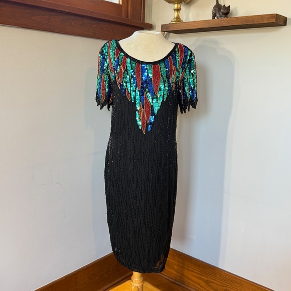 Nite Life Dresses & Skirts - Vintage 80s Nite Line Silk Beaded Sequin Cocktail Dress Black Multicolor Size 12